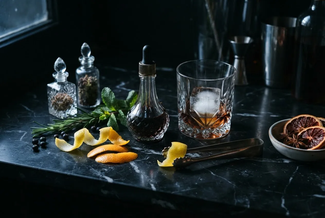 Artisanal cocktail ingredients arranged on black marble