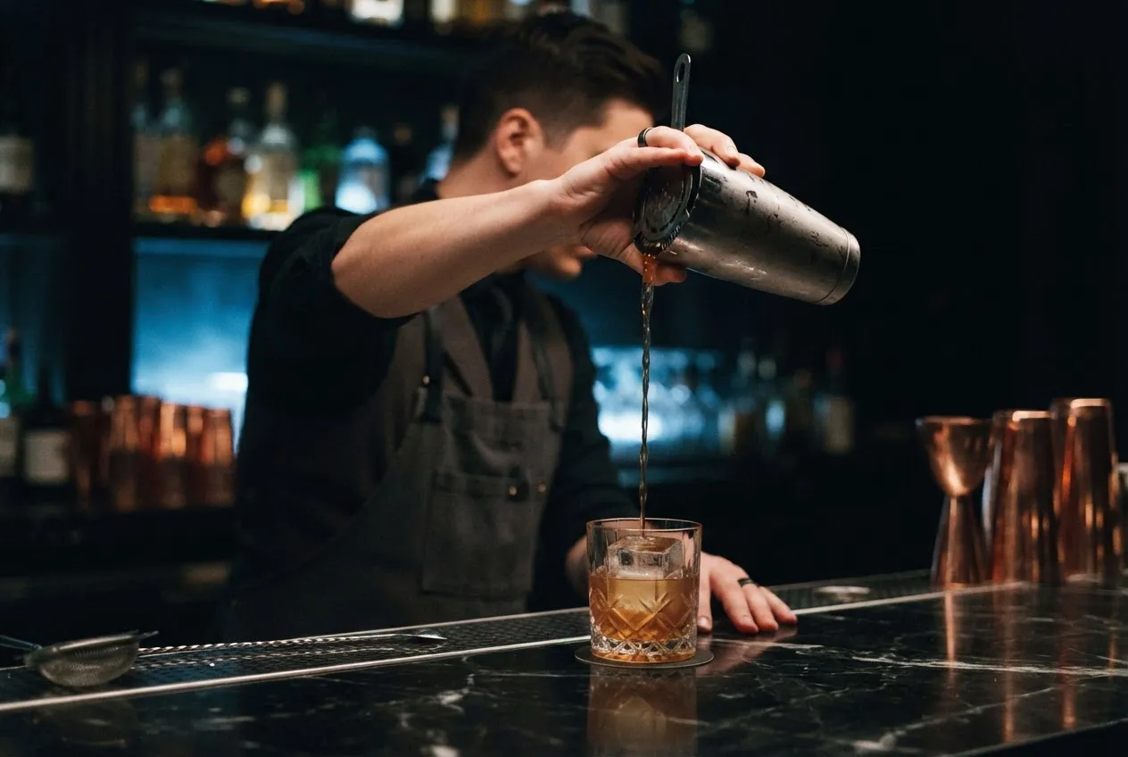 Bartender pouring a cocktail behind a black marble bar