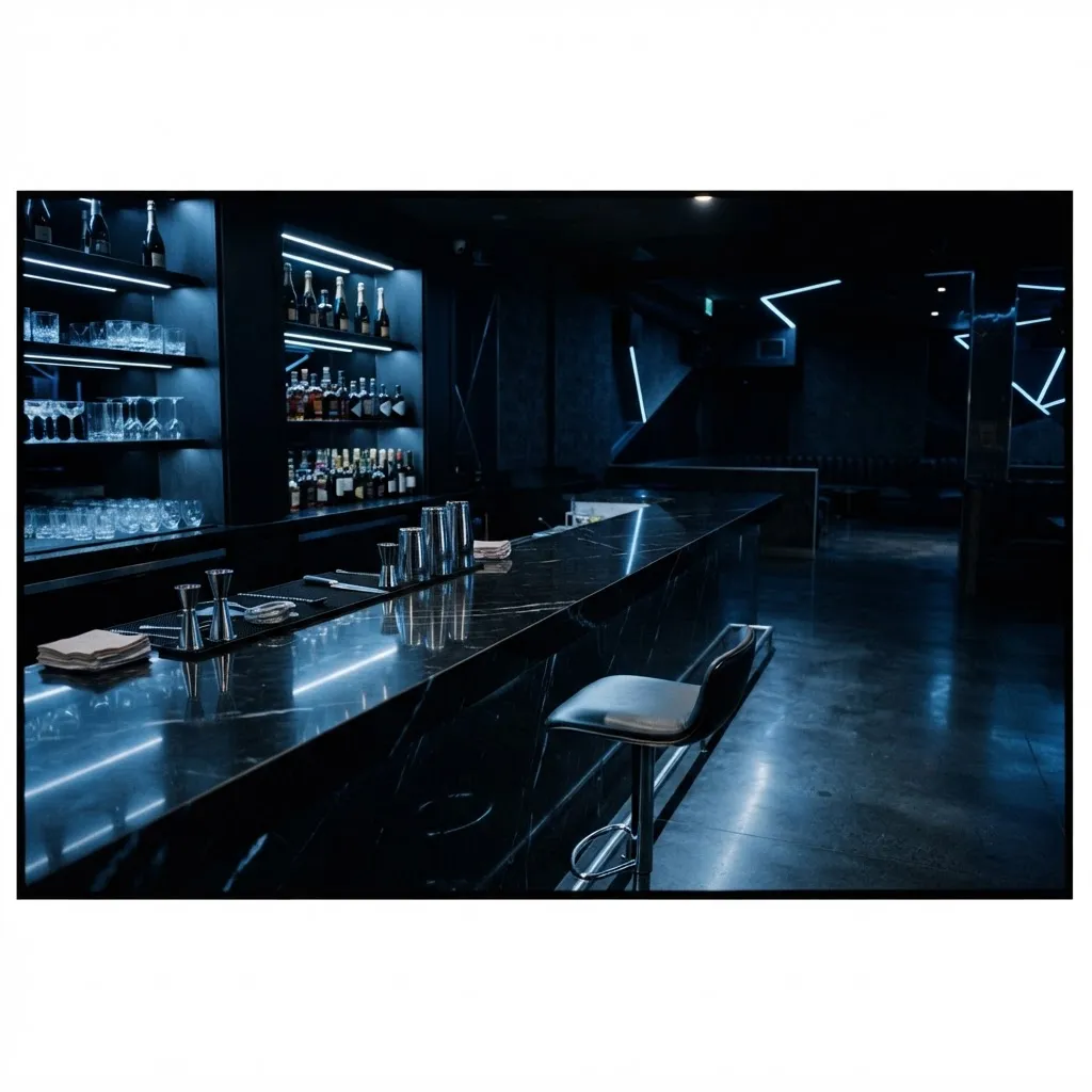 Empty luxury nightclub bar before opening, black marble counter and silver tools