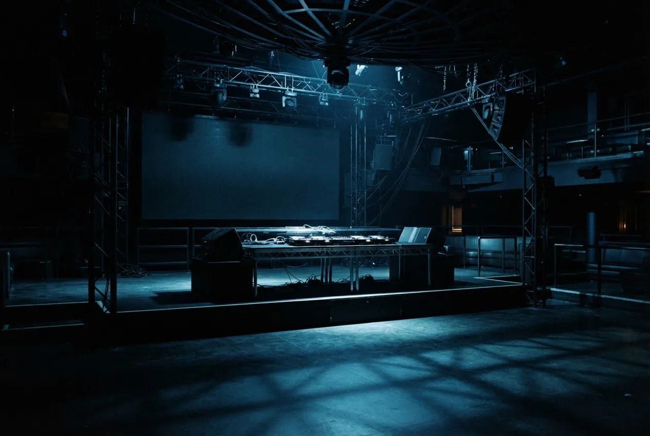 Nightclub DJ booth and stage in cold blue moonlight