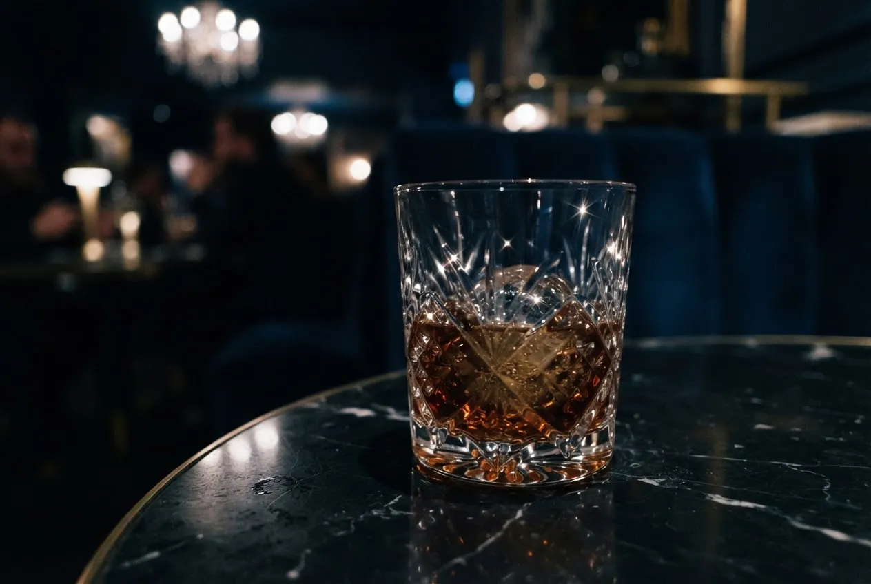Crystal glass on black marble in a velvet VIP booth