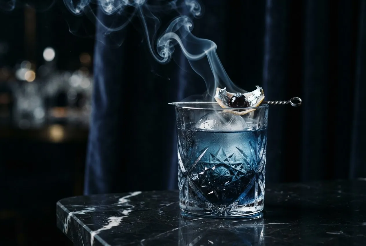 Craft cocktail with smoke in a crystal glass