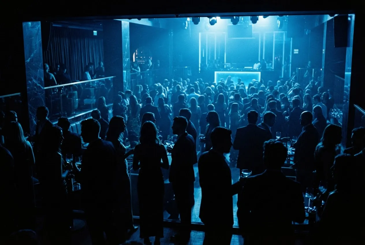 Crowd silhouettes against cold blue light