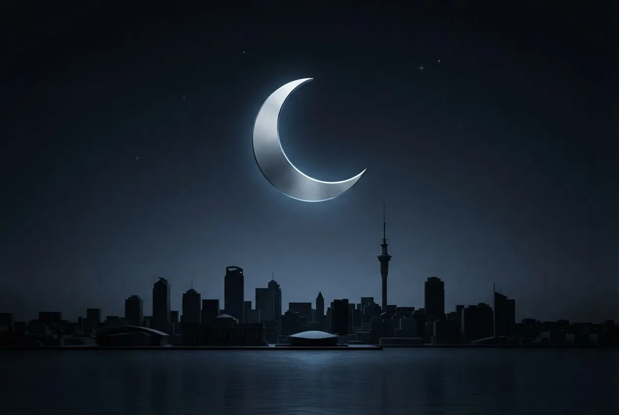 3D minimalist illustration of a crescent moon over an Auckland skyline silhouette