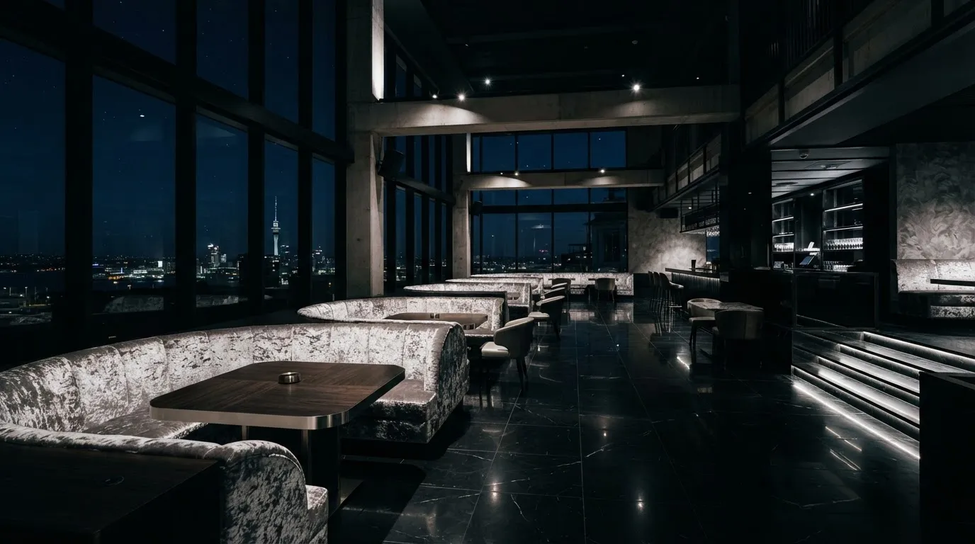 Luxury nightclub lounge interior in Auckland with moonlight through floor-to-ceiling windows