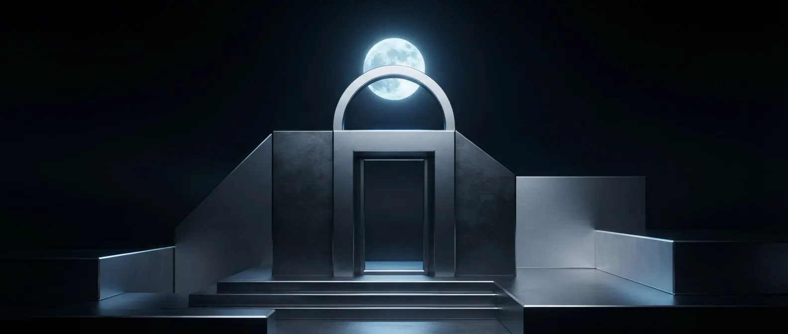 3D abstract minimalist illustration of a moon rising over a doorway