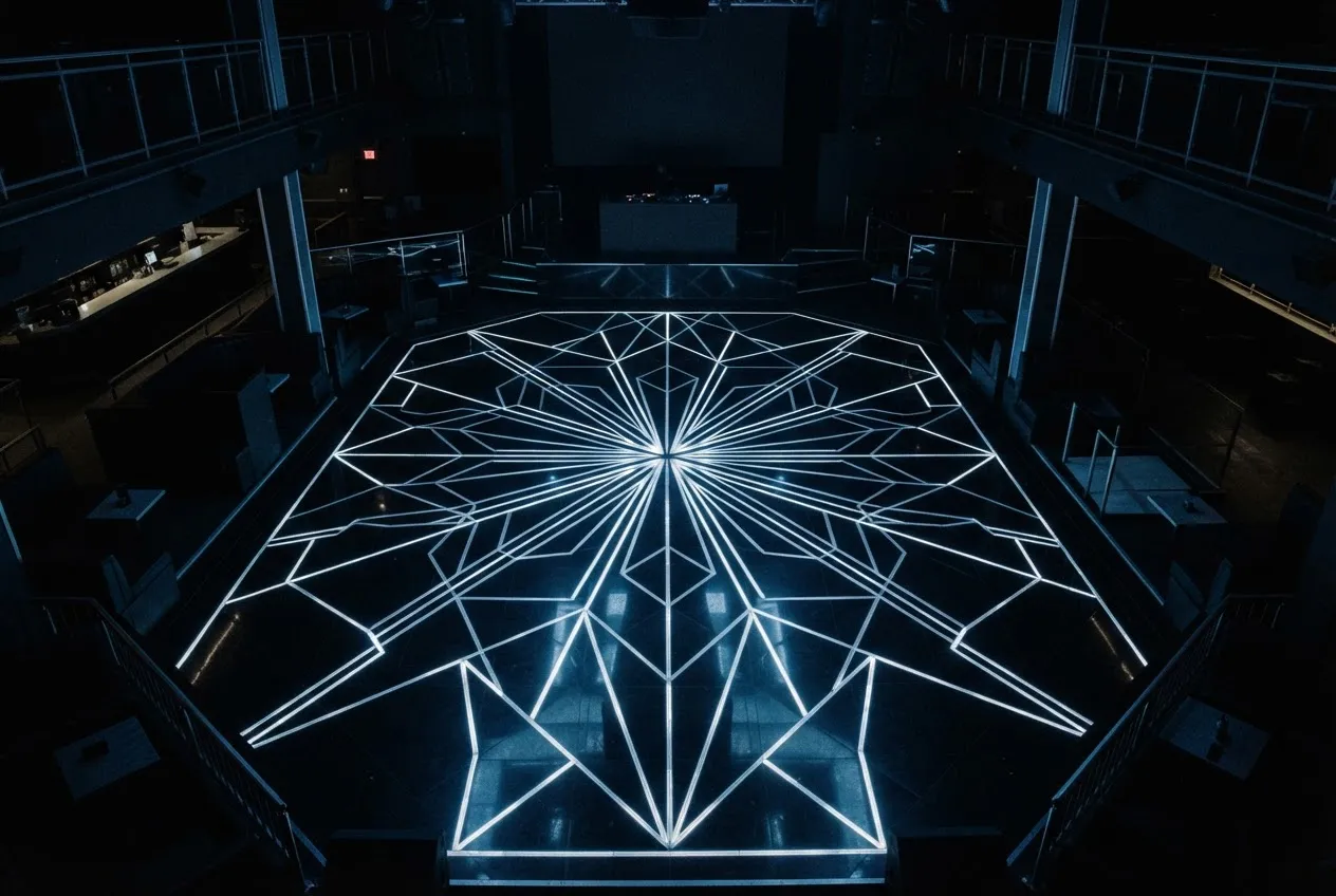 Dance floor with geometric light patterns from above